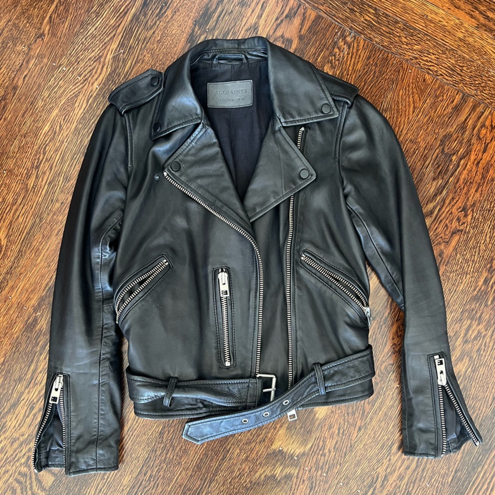 All Saints Black Leather Jacket with Zipper Accents